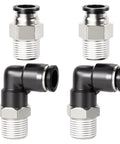 Elbow and Straight Push To Connect Fittings One Half Inch Tube OD To One Quarter Inch NPT Thread Pneumatic Quick Connects Copper And Plastic Pack Of Four For Air Lines And Pneumatic Systems, featuring elbow and straight designs, ideal for compressed air connections.