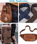 Heavy Duty Grommet Kit One Half Inch Grommets and Eyelets Set applied on brown bags and blue and brown belts for DIY projects