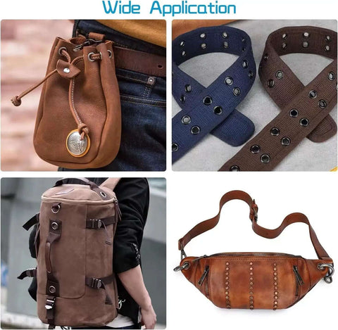 Heavy Duty Grommet Kit One Half Inch Grommets and Eyelets Set applied on brown bags and blue and brown belts for DIY projects