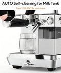 Close-up of Semi Automatic Dual Boiler Espresso Machine With Auto Milk Frother for Barista Vibes, showing self-cleaning feature.