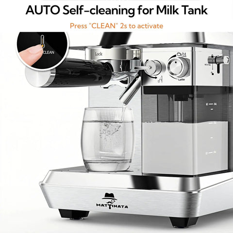 Close-up of Semi Automatic Dual Boiler Espresso Machine With Auto Milk Frother for Barista Vibes, showing self-cleaning feature.