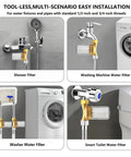 Upgraded Reusable Brass Water Filter For Home, RV, Camping And Washing Machines, 40 Micron Sediment Filter With High Flow Up To 15 GPM shown in various household setups.