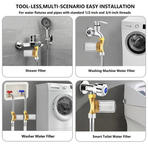 Upgraded Reusable Brass Water Filter For Home, RV, Camping And Washing Machines, 40 Micron Sediment Filter With High Flow Up To 15 GPM shown in various household setups.