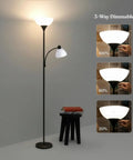 Sky Dome Plus LED Floor Lamp Torchiere with reading arm in black, showcasing 3-way dimmable feature and 3000K warm white lighting.