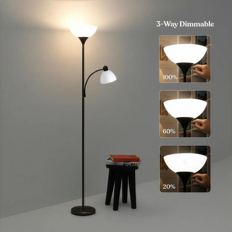 Sky Dome Plus LED Floor Lamp Torchiere with reading arm in black, showcasing 3-way dimmable feature and 3000K warm white lighting.