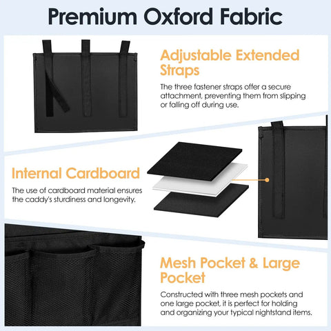 Bedside Caddy Organizer With Four Pockets Hanging Nightstand Storage for bunk beds with premium Oxford fabric and adjustable straps.