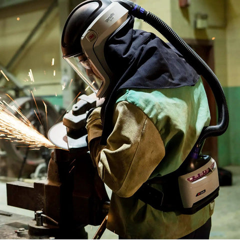 Worker using Versaflo TR-6600 Prefilter For TR-600 PAPR Disposable Pack Of 10 That Extends PAPR Life, Compatible With TR-662 Spark Arrestor