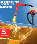 Get She Done Cordless Fuel Transfer Pump Pulling Gasoline Diesel Oil And Water Smoothly At 5 Gpm with red nozzle and hose.