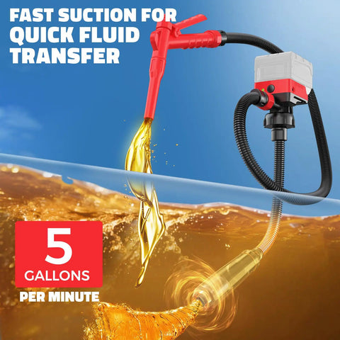 Get She Done Cordless Fuel Transfer Pump Pulling Gasoline Diesel Oil And Water Smoothly At 5 Gpm with red nozzle and hose.