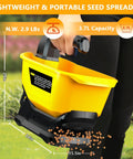 Person using Electric Grass Seed Spreader For Lawn Care Compatible With DeWalt 20V Max And 60V Batteries, yellow and black, on lawn