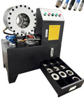 Kickass Heavy Duty Electric Hydraulic Pipe Crper And Hose Crimping Machine With Ten Interchangeable Dies For Six To Fifty One Mm Auto Brake Ac And Steering Tubes built for serious tradesmen showcased with crimping tools and display.
