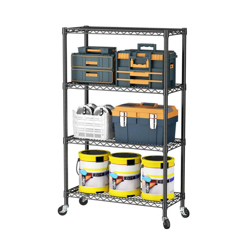 Built Like A Tank Four Tier Heavy Duty Wire Storage Shelves With Wheels For Closet Bathroom Pantry Kitchen Garage And Laundry Room Organization Black Steel Adjustable Height Shelving Unit Each Shelf Holds 350 Pounds Total 1400 Pound Capacity with tools and paint cans.