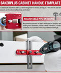 Cabinet Hardware Jig For Knobs And Handles Adjustable Drill Guide With Self Centering Locator Pro Grade Hole Spacing From 2.5 To 5 Inches Easy Straight Alignment For Drawer And Cabinet Install in use on drawer