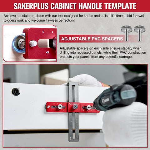 Cabinet Hardware Jig For Knobs And Handles Adjustable Drill Guide With Self Centering Locator Pro Grade Hole Spacing From 2.5 To 5 Inches Easy Straight Alignment For Drawer And Cabinet Install in use on drawer