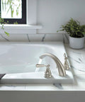 Elmhurst Roman Tub Trim Kit PTT4365-BN Brushed Nickel, 3-hole 2-handle bath faucet trim, installed on marble bathtub edge