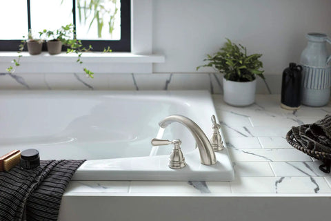 Elmhurst Roman Tub Trim Kit PTT4365-BN Brushed Nickel, 3-hole 2-handle bath faucet trim, installed on marble bathtub edge