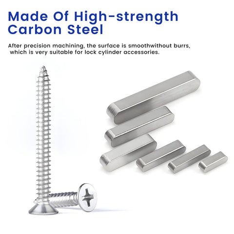 Front view of silver key stock drive keys in multiple sizes beside a Phillips-head screw.
