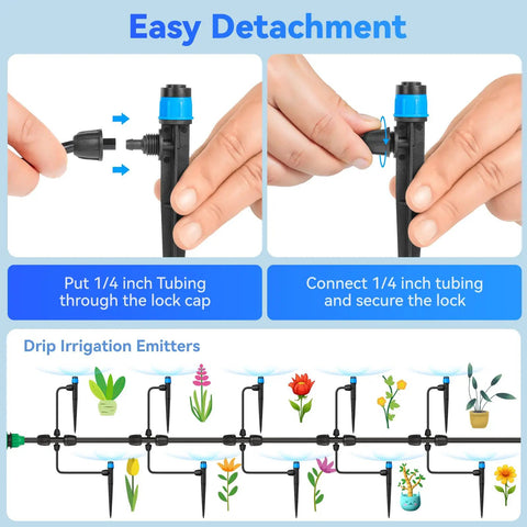 Image showing installation of Adjustable Drip Irrigation Drippers 20 Pack Staked Fan Shape Water Flow Bubblers for easy detachment.