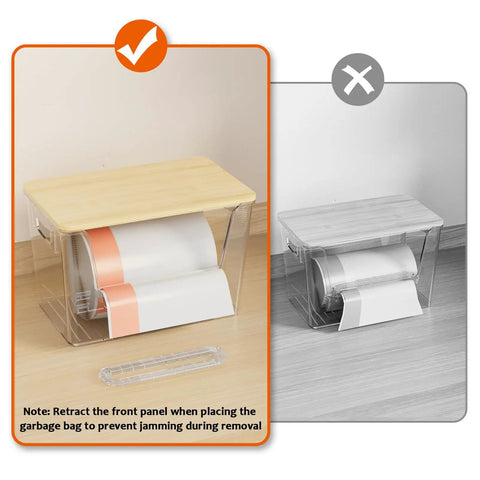 No Fuss Pantry Organizers With Bamboo Lids And Heavy Duty Trash Bag Dispenser For Four Through Thirteen Gallon Rolls in use.