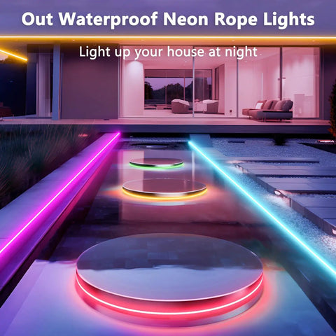 Dope Neon RGB Rope Lights For Gaming Rooms And Living Spaces, IP67 Waterproof Flexible LED Rope Light, outdoor evening view