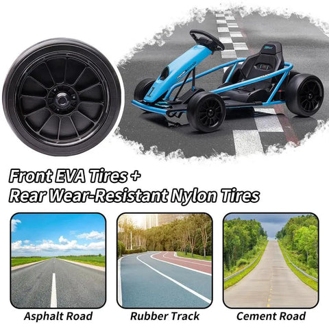 Image of Dual 300W Go Kart For Kids With 24V System, Eight Point One MPH Top Speed, 9Ah Battery, showing tire options.