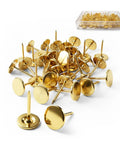 Reliable Heavy Duty Gold Thumb Tacks Boss Level Needlepoint Push Pins For Walls And Cork Boards Gonna Stay Put Without Bending Premium Steel Home Decor Fixtures in a pile with a clear storage box.