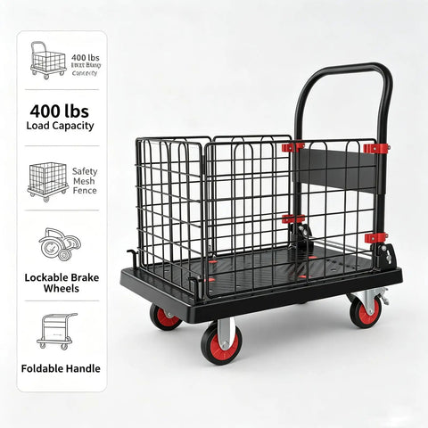 2in1 Foldable Wire Mesh Platform Cart With 400 Lb Capacity, Convertible Hand Truck To Enclosed Trolley, Heavy Duty Dolly For Warehouse Move, 72 By 48 Cm, 4 Inch Silent TPR Brake Casters, Black, enclosed wire mesh with foldable handle