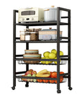 Rolling Metal Storage Cart With Removable Grid Basket And Locking Wheels For Kitchen Pantry And Home Organization A Real Workhorse Four Tier Mobile Organizer That Keeps Dishes Groceries Or Tools Neatly In Reach with shelves holding kitchen items and fruits.