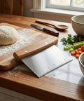 Heavy Duty Stainless Steel Dough Cutter And Bench Scraper Kitchen Essential for nailing cookie dough pastry pie crusts on wooden cutting board.