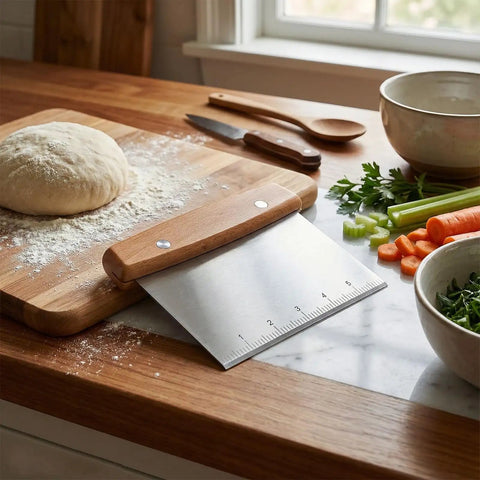 Heavy Duty Stainless Steel Dough Cutter And Bench Scraper Kitchen Essential for nailing cookie dough pastry pie crusts on wooden cutting board.