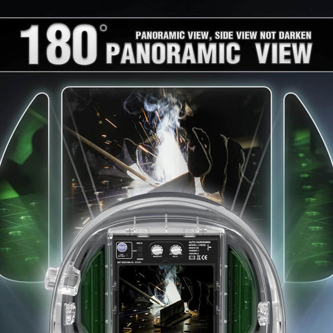 Auto Darkening Welding Helmet With Side View And 180 Degree Panoramic Vision, Model LYG Q800D showing weld scene display
