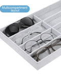 Stay Super Fresh With This Hella Soft Gray Velvet Jewelry Organizer Tray Featuring Eight Quick Grab Grids, Sleek Watch And Sunglasses Display Plate, Portable Drawer Storage with glasses in compartments.