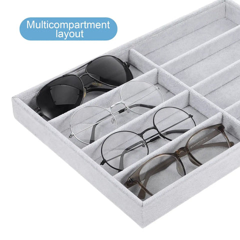 Stay Super Fresh With This Hella Soft Gray Velvet Jewelry Organizer Tray Featuring Eight Quick Grab Grids, Sleek Watch And Sunglasses Display Plate, Portable Drawer Storage with glasses in compartments.