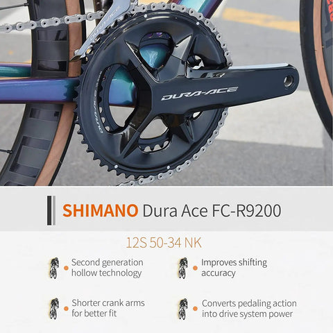 Carbon Road Bike With Ultegra Di2 9270 Electronic Shifting crankset detail, Shimano Dura-Ace FC-R9200, white background