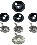 Porcelain Drip Pan Set For GE Hotpoint Ranges With 6 Inch And 8 Inch Burner Pans, Includes Three WB31M20 6 Inch Pans, One WB31M19 8 Inch Pan, And Two WB30M1 WB30M2 Burner Elements, Heavy Duty Replacement Parts For Smooth Cooking displayed.
