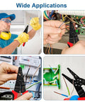 Collage showing 8 Inch Third Generation Pro Grade Wire Stripping And Crimping Tool With 5 In 1 Functionality in various applications