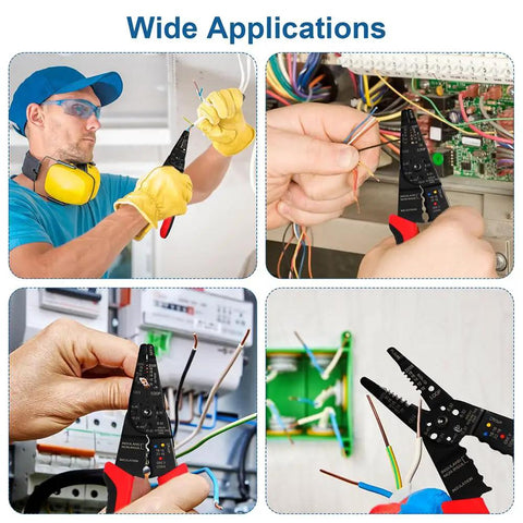 Collage showing 8 Inch Third Generation Pro Grade Wire Stripping And Crimping Tool With 5 In 1 Functionality in various applications