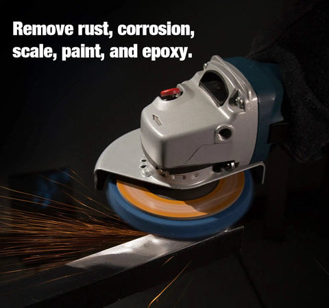 Blue Silicon Carbide Strip Discs Set of 5 for Paint Removal and Rust Cleanup on an Angle Grinder, 4-1/2 Inch in action removing rust