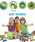 Three smiling kids with thumbs up and STEM Building Toys 125 Piece Building Blocks Set For Kids Ages 3 4 5 6 7 8 in front