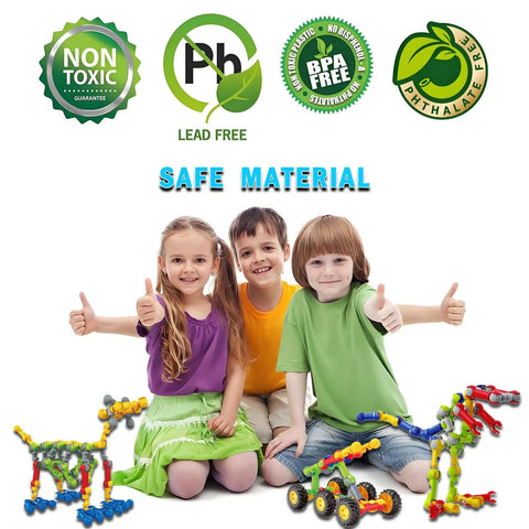 Three smiling kids with thumbs up and STEM Building Toys 125 Piece Building Blocks Set For Kids Ages 3 4 5 6 7 8 in front