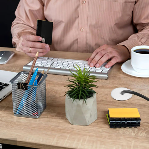 Slick Wall Cable Grommets Kit For Gaming Rigs And Home Theater To Hide Messy Wires With Durable Silicone Pass Through Holes That Protect Cables From Damage While Keeping Your Entertainment Setup Totally Neat And Super Easy To Install. white silicone cable grommet in desk hole