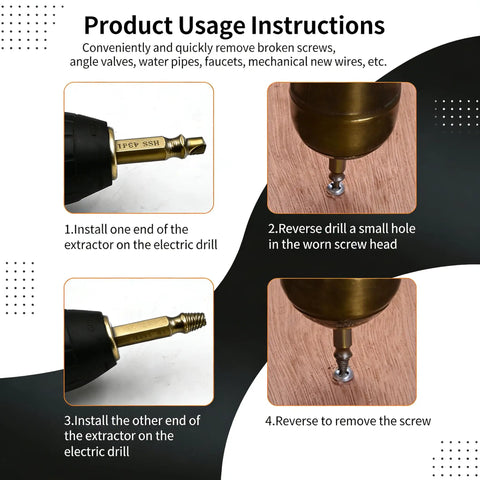Damaged Screw Extractor Set Pack Of 6 With Gold Titanium Coated HSS 4341 Drill Bit Remover Kit usage instructions on drill
