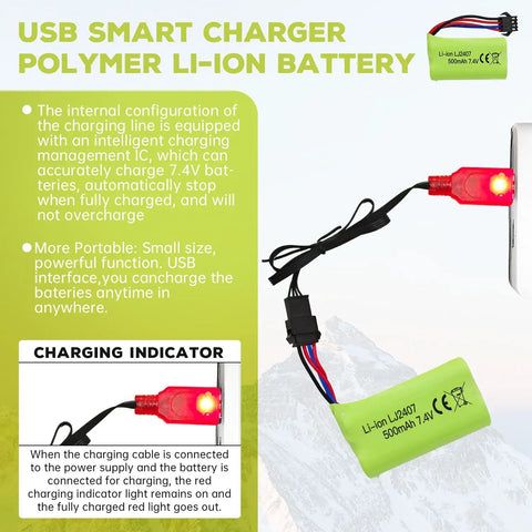 USB charging cable with LED indicator for 2 Pack 7.4V 500mAh LiPo RC Battery Set With USB Charging Cables For EC16 DE85 Off Road RC Cars