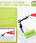 USB charging cable connected to 7.4V 500mAh SM-4P RC battery showing charging indicator, Li-Ion battery label visible
