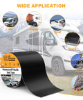 Heavy Duty Waterproof Patch And Seal Tape 4x13 Feet for RV Roofs, tents, tarps, and canopies shown with applications on RV.