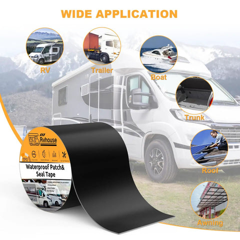Heavy Duty Waterproof Patch And Seal Tape 4x13 Feet for RV Roofs, tents, tarps, and canopies shown with applications on RV.
