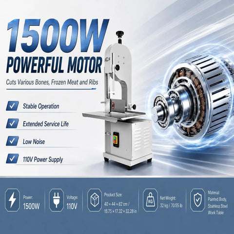 Massive 1500W Jam Free Commercial Meat Band Saw Tears Frozen Blocks And Hard Bones With Sharp Stainless Steel Blade Safety Baffle And Work Table.