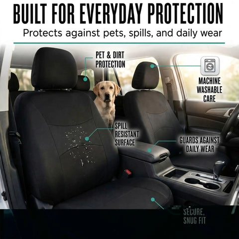 Full Set Cloth Car Seat Covers With Universal Fit For Front Seats And Split Rear Bench, Airbag Compatible, Black Everyday