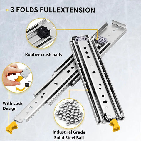 3 Fold Full Extension Drawer Slides With Lock 76mm Wide Side Mount Ball Bearing Rails Heavy Duty 500 Lb Load Capacity