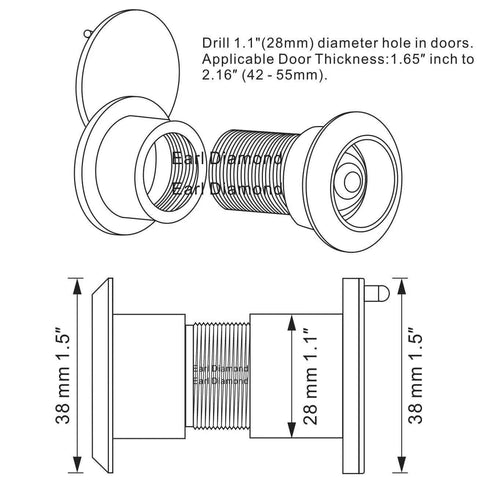Diagram of Solid Brass Door Viewer Peephole With 220 Degree View And Privacy Cover, showing dimensions and installation details.
